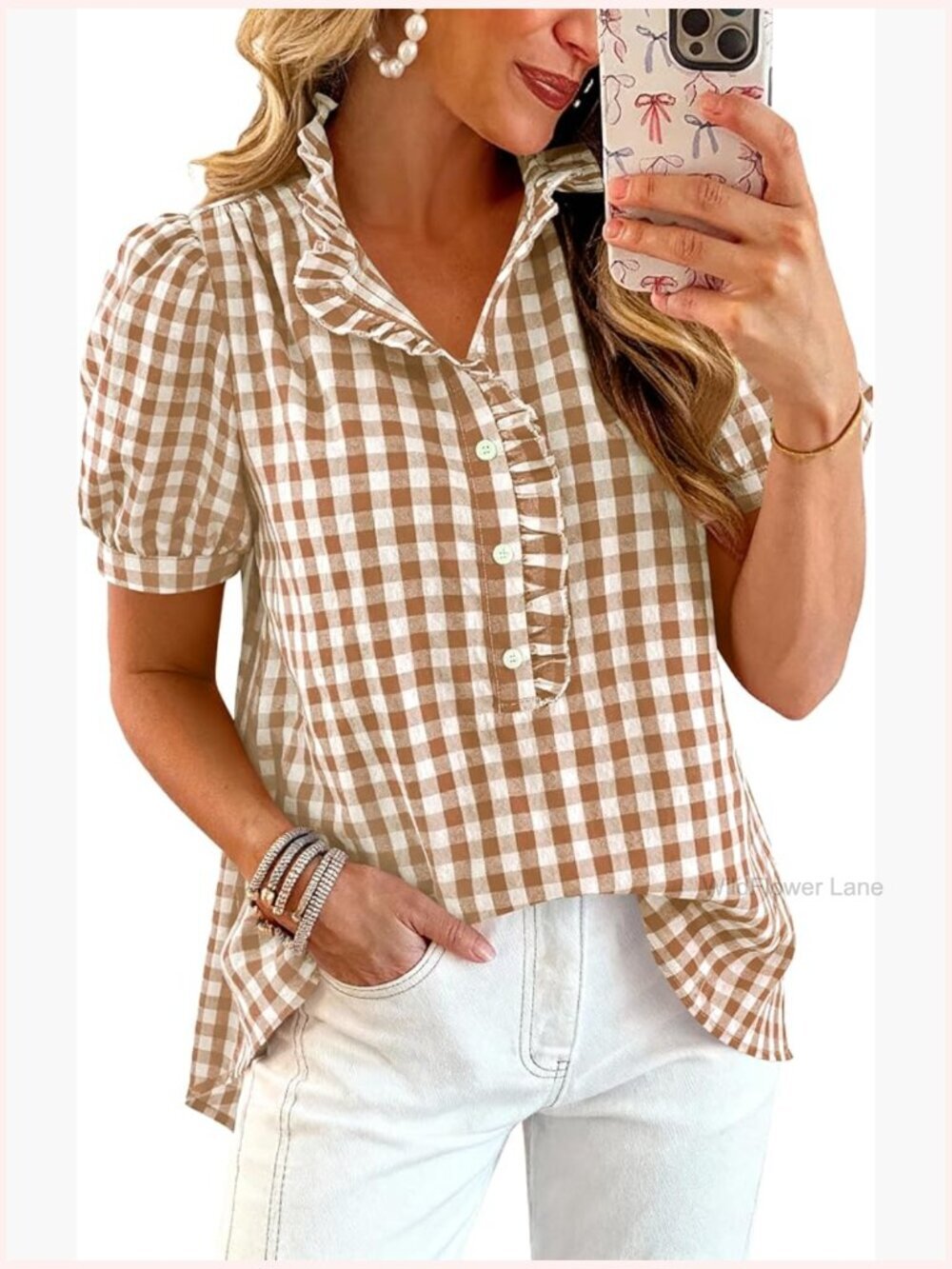 Puff Short Sleeve Ruffle V Neck Button Down Shirts Blouses Business Casual Work